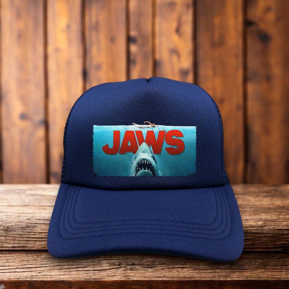 JAWS Mens Trucker Hat Navy Snapback 70s Horror Sharks Quints Baseball Cap